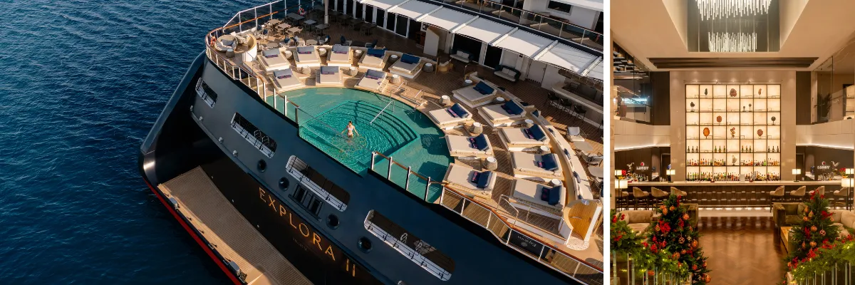 Explora Journeys Festtagsreisen Silvester zwei geteiltes Bild: links der Heck-Pool auf der EXPLORA II, rechts ein prall gefüllte Cocktailbar.