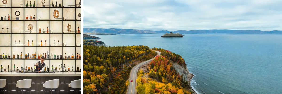 Explora Journeys Festtagsreisen Thanksgiving 2-geteiltes Bild: Links ein Barkeeper, der festliche Cocktails mixt, rechts ein EXPLORA Schiff vor der Kanadischen Küste im Herbst.