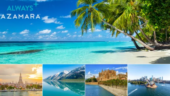 5-teiliges Bild: Oben ein großes Bild von einem Strand auf der Karibik mit dem Azamara Logo. Unten 4 kleine Bilder: Blick auf Bangkok, die Gletscher in Alaska, die Kathedrale in Palma und Sydney in Australien.