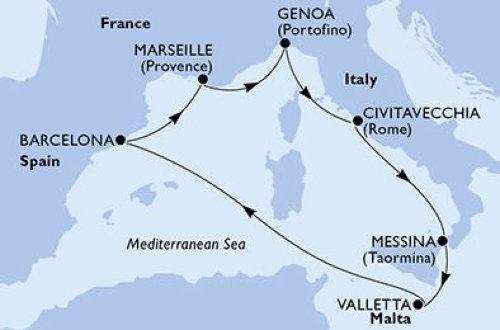 7 Nächte Mittelmeer ab/bis Genua Genua - Civitavecchia (Rom) - Messina - Valletta - Barcelona - Marseille - Genua