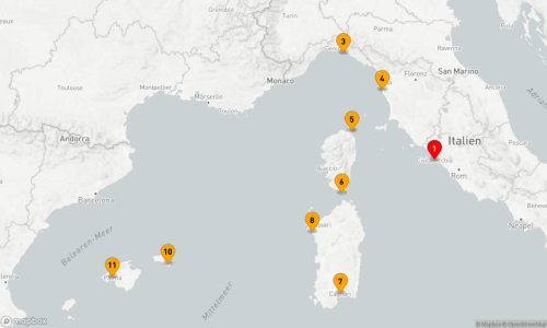 Civitavecchia (Rom) - Portofino - Florenz/Livorno - Bastia (Korsika) - Bonifacio - Cagliari - Alghero - Mahon/Menorca - Palma de Mallorca