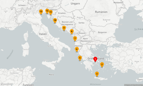 Piräus (Athen) - Paros - Chania - Argostoli - Korfu - Durres - Kotor - Korcula - Zadar - Opatija - Piran - Venice (Fusina)