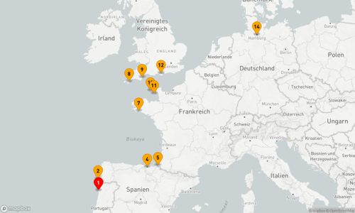 Leixoes (Porto) - Vigo - Bilbao - Saint-Jean-de-Luz - Concarneau - Falmouth - Torquay - Saint Peter Port - Jersey - Cowes - Hamburg