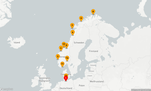 Hamburg - Bergen - Molde - Trondheim - Svartisen - Leknes - Honningsvag (Nordkap) - Tromsö - Kristiansund - Sistranda - Oslo - Kiel