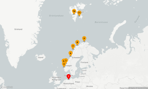 Hamburg - Bergen - Måløy - Geiranger - Torghatten - Svolvær - Tromsö - Honningsvag (Nordkap) - Spitzbergen (5 Tage) - Longyearbyen (Spitzbergen)