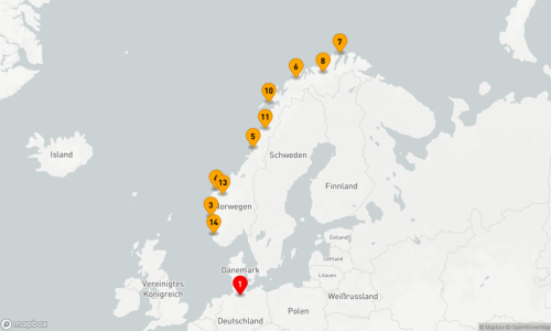 Hamburg - Bergen - Alesund - Torghatten - Tromsö - Honningsvag (Nordkap) - Alta (2 Tage) - Svolvær - Svartisen - Geiranger - Stavanger - Hamburg