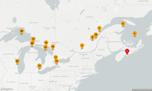 Halifax - Magdalenen-Inseln (2 Tage) - Gaspé - Tadoussac - Quebec - Montreal - Sankt-Lorenz-Strom - Toronto - Wellandkanal - Windsor - Tobermory - Parry Sound - Killarney - Sault Ste. Marie - Oberer See - Sault Ste. Marie - Mackinac Island - Milwaukee
