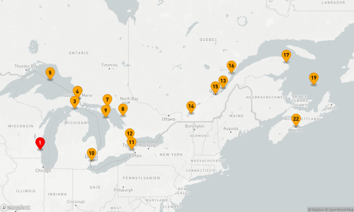 Milwaukee - Mackinac Island - Sault Ste. Marie - Oberer See - Sault Ste. Marie - Killarney - Parry Sound - Tobermory - Windsor - Wellandkanal - Toronto - Sankt-Lorenz-Strom - Montreal - Quebec - Tadoussac - Gaspé - Magdalenen-Inseln (2 Tage) - Halifax