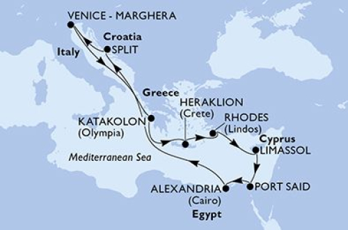 11 Nächte Mittelmeer ab/bis Split Split - Venedig - Katakolon (Olympia) - Heraklion - Rhodos Stadt - Limassol - Kairo/Port Said - Alexandria - Split