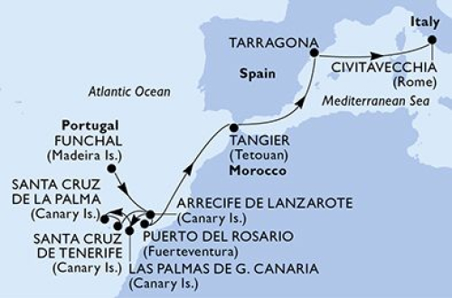 13 Nächte Kanaren ab Madeira (Funchal) bis Civitavecchia (Rom) Madeira (Funchal) - Arrecife/Lanzarote - Las Palmas/Gran Canaria - Santa Cruz/La Palma - Santa Cruz De Tenerife - Arrecife/Lanzarote - Puerto del Rosario - Tanger - Tarragona - Civitavecchia (Rom)