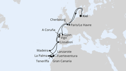 Kiel - Paris/Le Havre - Gijon - La Coruna - Lissabon (2 Tage) - Madeira (Funchal) - Puerto del Rosario - Las Palmas/Gran Canaria - Arrecife/Lanzarote - Santa Cruz De Tenerife - Santa Cruz/La Palma - Lissabon (2 Tage) - Vigo - Cherbourg - Kiel