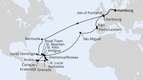 Hamburg - Portland, Uk - Hamilton (2 Tage) - Santo Domingo/Dom. Republik - Philipsburg - Roseau - Castries (St. Lucia) - Bridgetown - St.George's - Willemstad - Kralendijk - Oranjestad - Roadtown - St.Johns - Basseterre - Ponta Delgada - Leixoes (Porto) -