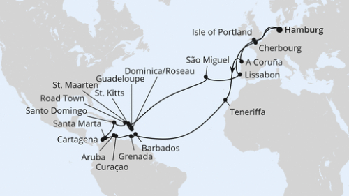 Hamburg - Portland, Uk - La Coruna - Santa Cruz De Tenerife - Bridgetown - St.George's - Oranjestad - Willemstad - Cartagena/Kolumbien - Santa Marta - Santo Domingo/Dom. Republik - Roadtown - Philipsburg - Pointe A Pitre - Roseau - Basseterre - Ponta Delg