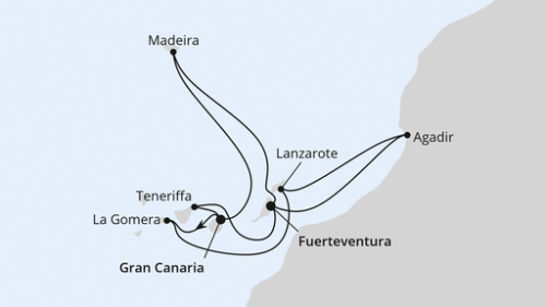 Las Palmas/Gran Canaria - San Sebastian - Arrecife/Lanzarote - Agadir - Puerto del Rosario - Santa Cruz De Tenerife - Las Palmas/Gran Canaria - Madeira (Funchal) (2 Tage) - Puerto del Rosario (2 Tage)