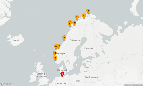 14 Nächte - Die Nordkap-Linie ab Hamburg Hamburg - Esbjerg - Stavanger - Alesund - Rørvik - Svolvær - Stokmarknes - Tromsö - Honningsvag (Nordkap) - Alta - Narvik - Andalsnes - Bergen - Hamburg
