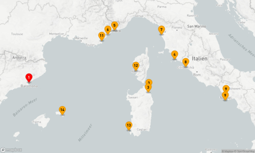 14 Nächte - Mediterrane Entdeckungsreise ab Barcelona Barcelona - Olbia - Porto Cervo - Porto Santo Stefano - Monte Carlo - Cannes - Florenz/Livorno - Civitavecchia (Rom) - Neapel - Capri (2 Tage) - Saint-Tropez - Ajaccio/Korsika - Carloforte - Mahon/Menorca - Barcelona