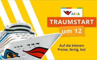 2-teiliges Bild: Links AIDA Schiff vor einem gelb-weiß gestreiften Hintergrund mit der Aufschrift Traumstart um 12 Auf die kleinen Preise, fertig, los! und dem AIDA Logo. Rechts Holzsteg Richtung Meer an einem Strand.