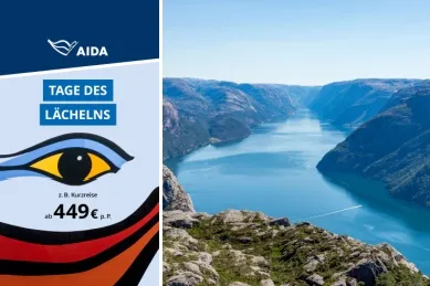 Grafik AIDA Tage des Lächelns mit AIDA Kussmund und AIDA Auge auf einem gelb und hellblauen Hintergrund, AIDA Logo in Weiß und Text z.B. 7 Tage Kanaren ab 499 € p. P. Rechts daneben Strand auf Gran Canaria aus der Vogelperspektive, davor Palmen & Blumen