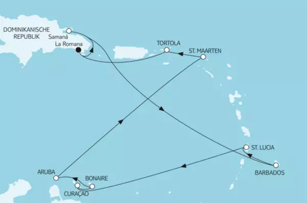 Karibische Inseln I mit Mein Schiff 2 Route: La Romana, Samaná, Seetag, Barbados, Barbados, St. Lucia, Seetag, Curacao, Bonaire, Aruba, Seetag, St. Maarten, Tortola, Seetag, La Romana
