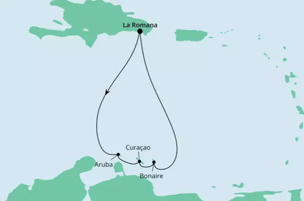 ABC-Inseln ab Dominikanische Republik mit AIDAluna Route: La Romana - Seetag - Oranjestad - Willemstad - Kralendijk - Seetag - La Romana