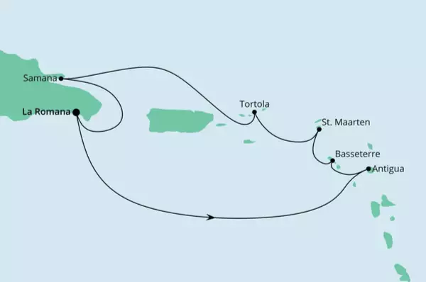 Karibische Inseln ab Dominikanische Republik 3 Route: La Romana - Seetag - St. John's - Basseterre - Philipsburg - Roadtown - Seetag - Samana - La Romana