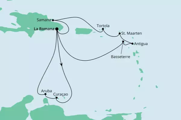 Karibik & Kleine Antillen 2 Route: La Romana - Seetag - Willemstad - Oranjestad - Oranjestad - Seetag - La Romana - Seetag - Basseterre - St. John's - Philipsburg - Roadtown - Seetag - Samana - Santo Domingo