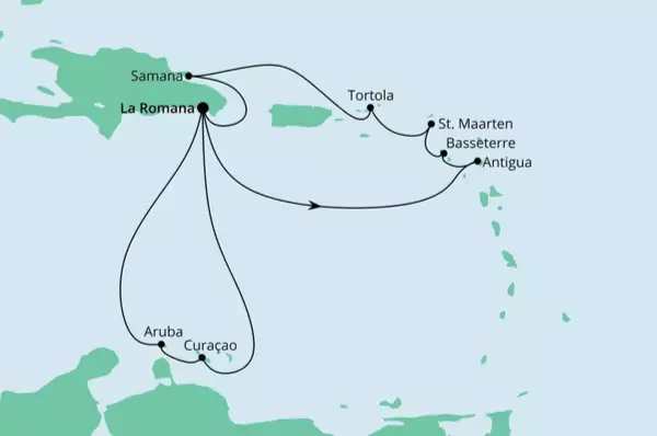 Karibik & Kleine Antillen 1 Route: La Romana - Seetag - Basseterre - St. John's - Philipsburg - Roadtown - Seetag - Samana - La Romana - Seetag - Willemstad - Oranjestad - Oranjestad - Seetag - La Romana
