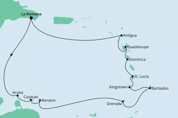 Karibische Inseln ab Dominikanische Republik Route: La Romana - Seetag - Oranjestad - Willemstad - Kralendijk - Seetag - Barbados - Barbados - Castries - Kingstown - Rouseau - Philipsburg - St. John's - Seetag - La Romana