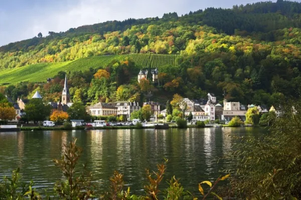 Diese idyllische Aufnahme zeigt die Stadt Traben-Trarbach an der Mosel mit ihren charakteristischen Weinbergen im Hintergrund.