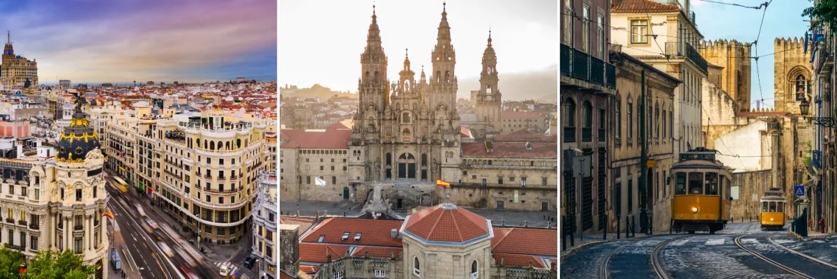 Douro-Flusskreuzfahrt mit Hotelaufenthalt 3-geteiltes Bild: Links eine ikonische Straßenecke aus Madrid, in der Mitte die Kathedrale von Santiago de Compostela, rechts die Straßenbahn in Lissabon.