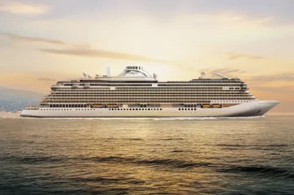 Seven Seas Prestige Ein Rendering der Seven Seas Prestige im Sonnenuntergang von der Seite auf offener See.