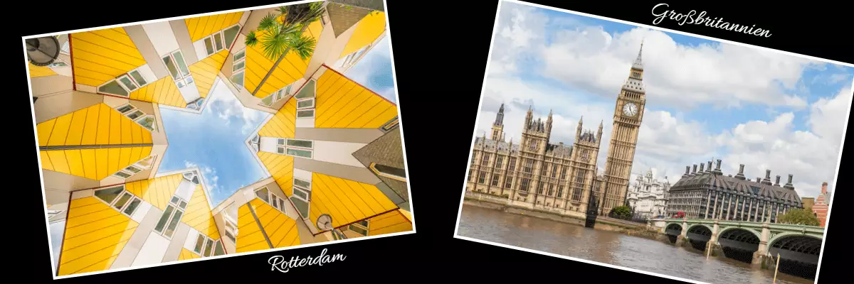 AIDA Black Friday Angebot: Kreuzfahrten nach Rotterdam oder Großbritannien Die Kubushäuser in Rotterdam und Big Ben in Großbritannien auf schwarzem Hintergrund.