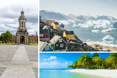 Collage aus den schönsten Zielen ab Bremerhaven: Das Trinity College in Dublin, eine kleine Stadt am Eismeer in Grönland und die endlosen Strände der Karibik.