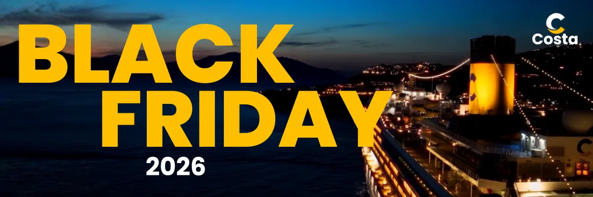 Costa Black Friday 2026 Ein Werbebanner für den Costa Black Friday 2026 mit einem Bild eines Costa-Schiffes bei Nacht.