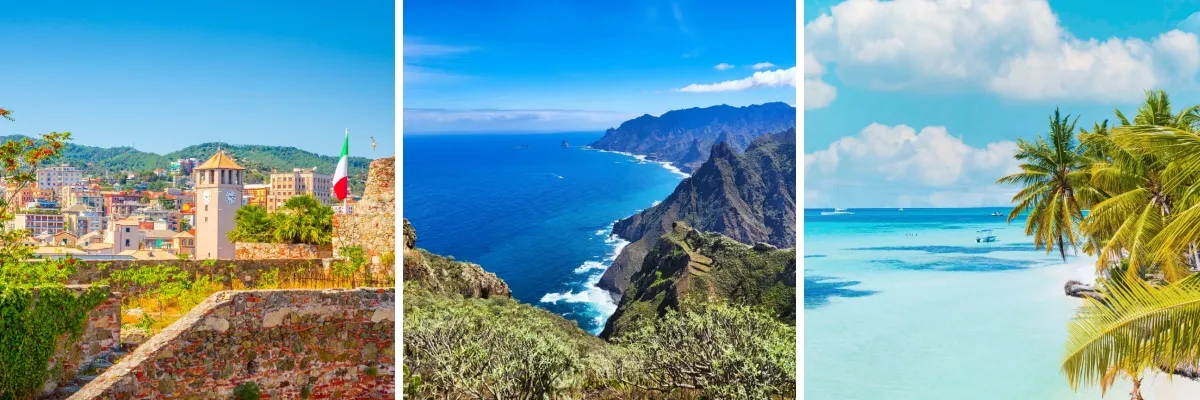 3-teiliges Bild: Links Blick über die Dächer von Savona, mittig Panoramaaussicht über die felsige Küste von Teneriffa, rechts Palmen am türkisfarbenen Meer bei La Romana in der Karibik.