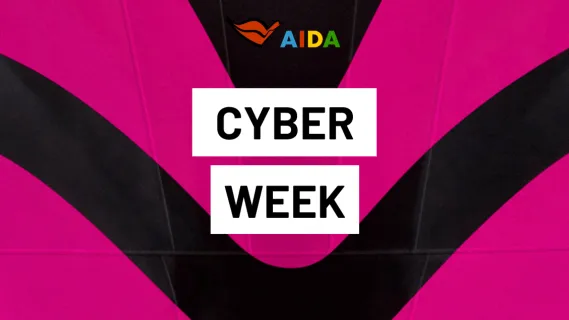 AIDA Cyber Week 2026 Ein Werbebanner für die AIDA Cyber Week mit dem bunten AIDA Logo und pinken Wellen im Hintergrund.
