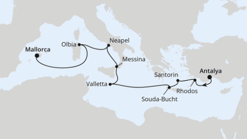 Antalya - Rhodos Stadt - Santorin - Souda-Bucht - Valletta - Messina - Neapel - Olbia/Sardinien - Palma