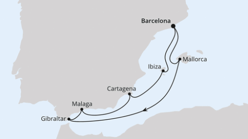 Barcelona - Palma - Gibraltar - Malaga - Cartagena - Ibiza - Barcelona