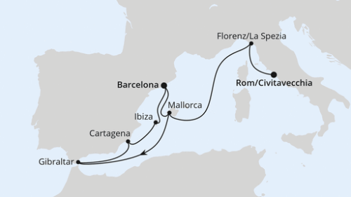 Barcelona - Palma - Palma - Gibraltar - Cartagena - Ibiza - Barcelona - Palma - Florenz/La Spezia - Rom/Civitavecchia