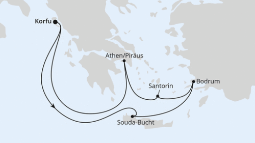 Korfu - Souda-Bucht - Bodrum - Santorin - Athen/Piräus - Korfu