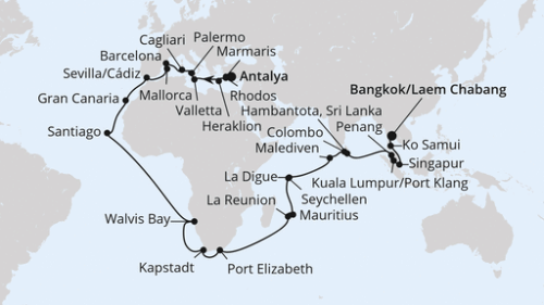 Antalya - Marmaris - Rhodos Stadt - Heraklion/Kreta - Valletta - Sizilien/Palermo - Cagliari - Barcelona - Palma - Sevilla/Cadiz - Las Palmas/Gran Canaria - Santiago/Praia (Kapverden) - Äquatorüberquerung - Walvis Bay - Walvis Bay - Kapstadt - Kapstadt - 