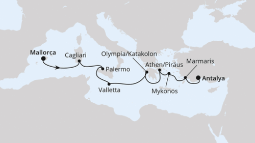 Palma - Cagliari - Sizilien/Palermo - Valletta - Olympia/Katakolon - Athen/Piräus - Mykonos - Marmaris - Antalya
