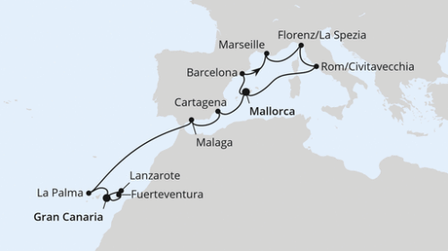 Palma - Barcelona - Barcelona - Marseille - Florenz/La Spezia - Rom/Civitavecchia - Palma - Cartagena - Malaga - Santa Cruz/La Palma - Las Palmas/Gran Canaria - Puerto del Rosario - Arrecife/Lanzarote - Las Palmas/Gran Canaria