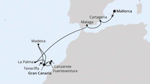 Palma - Cartagena - Malaga - Santa Cruz/La Palma - Las Palmas/Gran Canaria - Puerto del Rosario - Arrecife/Lanzarote - Las Palmas/Gran Canaria - Funchal/Madeira - Santa Cruz De Tenerife - Puerto del Rosario - Arrecife/Lanzarote - Las Palmas/Gran Canaria