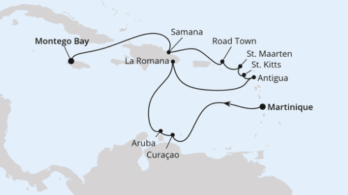 Karibische Inseln ab Martinique Fort De France - Willemstad - Willemstad - Oranjestad - La Romana/Dom. Republik - St.Johns - Basseterre - Philipsburg - Roadtown - Samana - Montego Bay/Jamaika