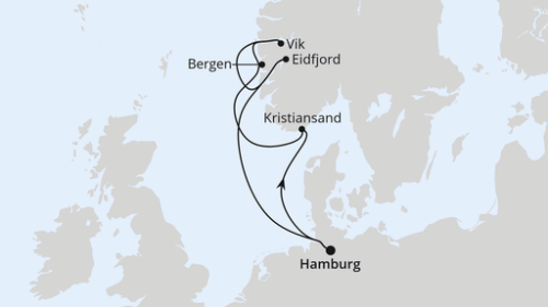 Hamburg - Kristiansand - Bergen - Vik - Sogn - Eidfjord - Hamburg