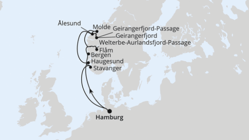 Hamburg - Haugesund - Geirangerfjord - Welterbe-Geirangerfjord-Pass - Alesund - Molde - Flam - Welterbe-Aurlandsfjord-Passa - Bergen - Stavanger - Hamburg