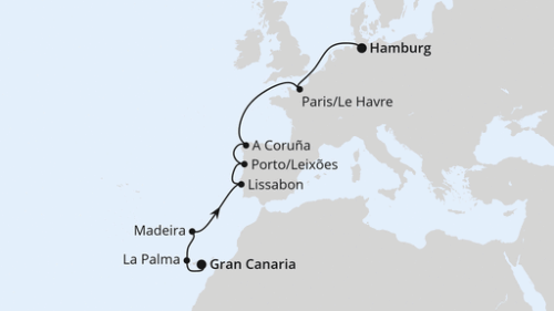 Von Gran Canaria nach Hamburg Las Palmas/Gran Canaria - Santa Cruz/La Palma - Funchal/Madeira - Lissabon - Porto/Leixoes - La Coruna - Paris/Le Havre - Hamburg