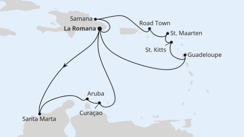 La Romana/Dom. Republik - Santa Marta - Oranjestad - Willemstad - Willemstad - La Romana/Dom. Republik - Pointe A Pitre - Basseterre - Philipsburg - Roadtown - Samana - La Romana/Dom. Republik