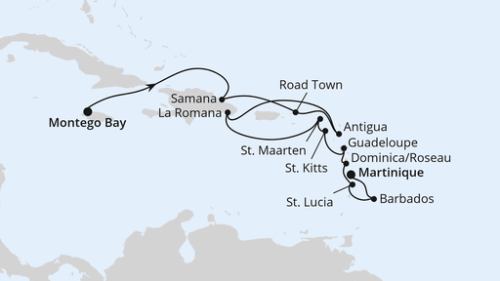 Karibik mit Kleinen Antillen ab Jamaika Montego Bay/Jamaika - Samana - Roadtown - St.Johns - La Romana/Dom. Republik - Philipsburg - Basseterre - Pointe A Pitre - Rouseau - Castries - Bridgetown/Barbados - Fort De France